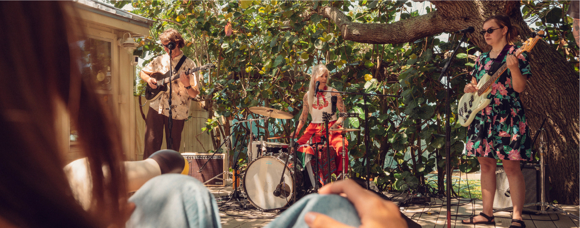 Band playing music under a large tree on a wooden deck