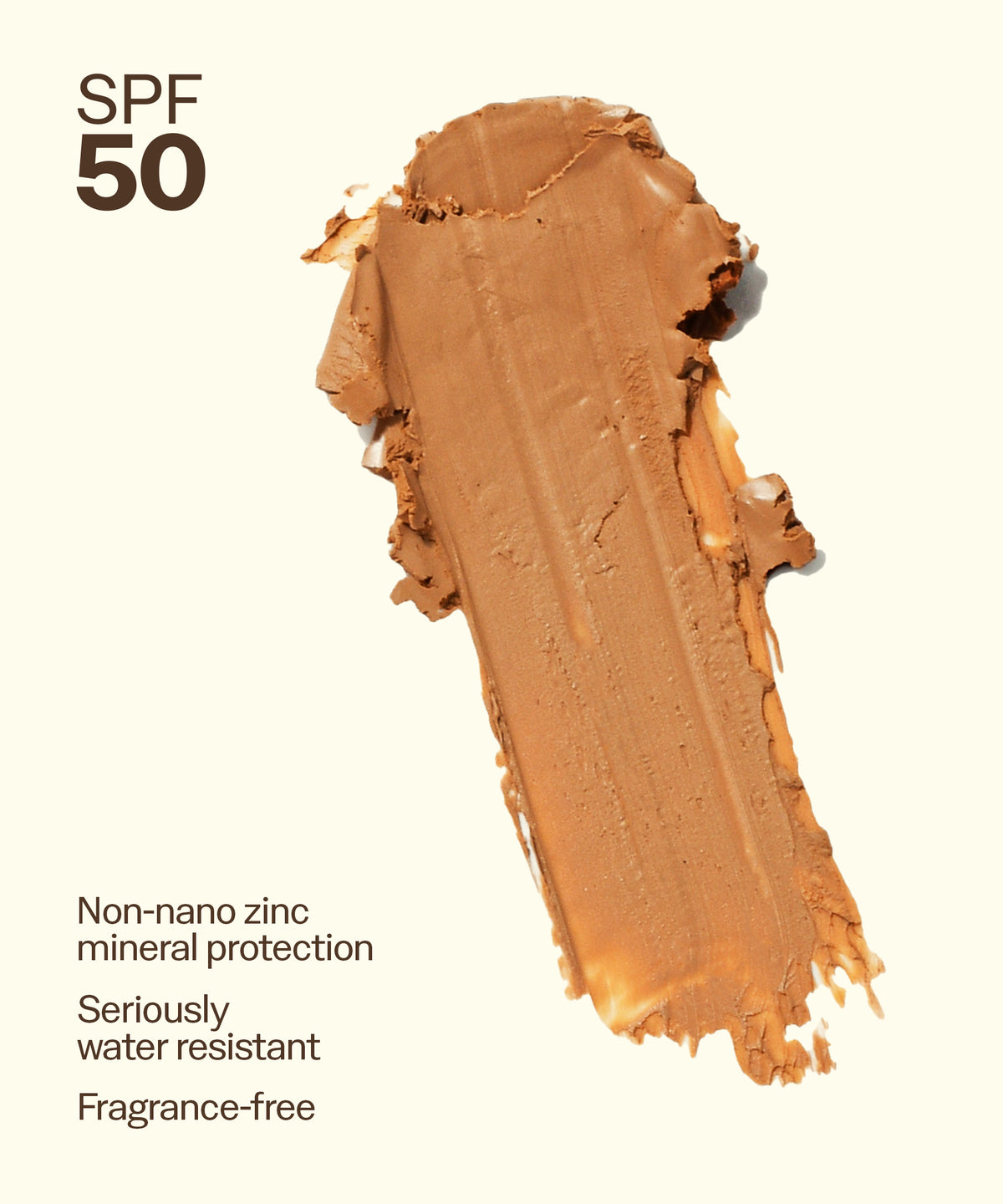 Brown sunscreen cream swatch with SPF 50 text on a white background