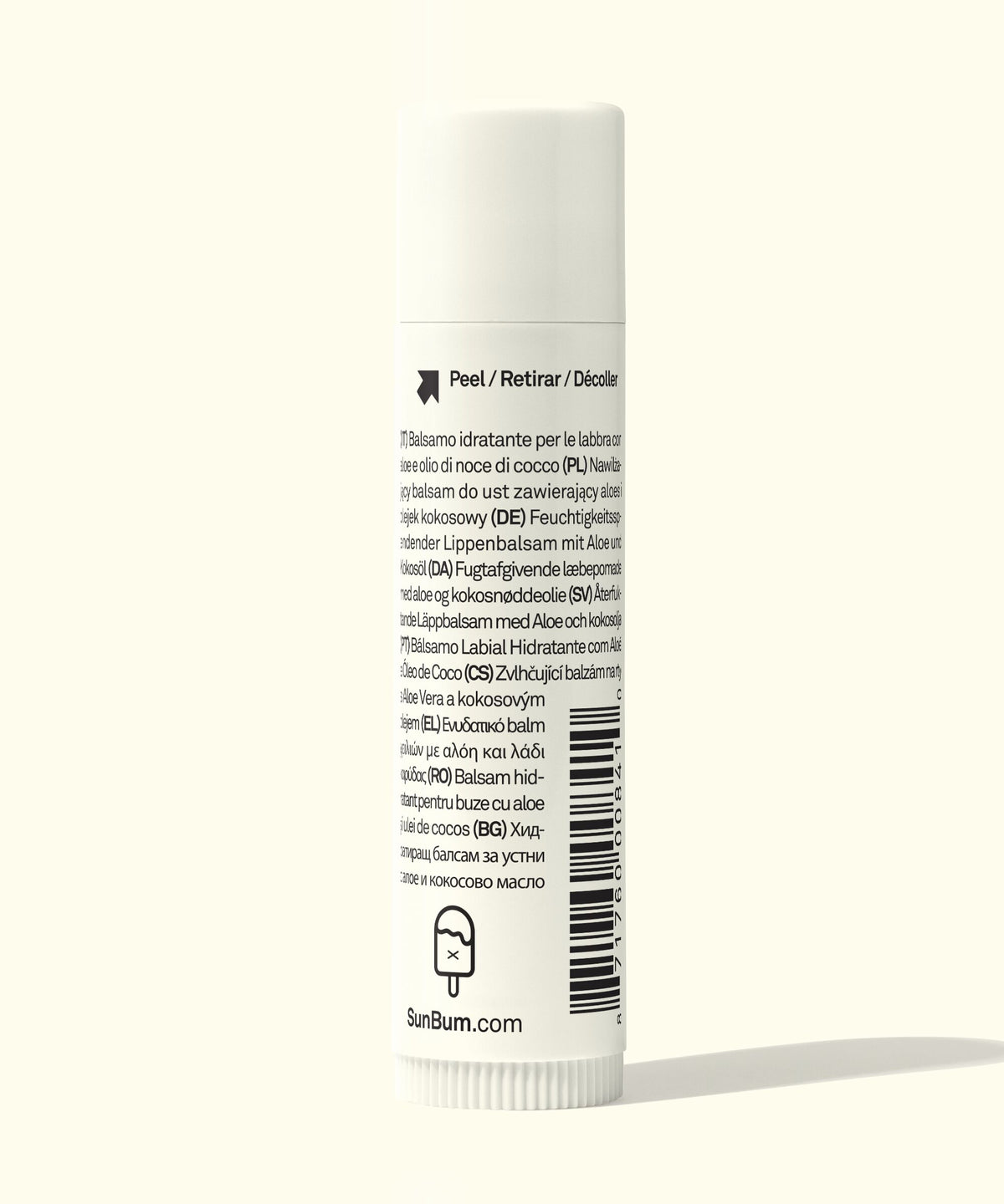 Lip balm packaging with text and branding on a white background