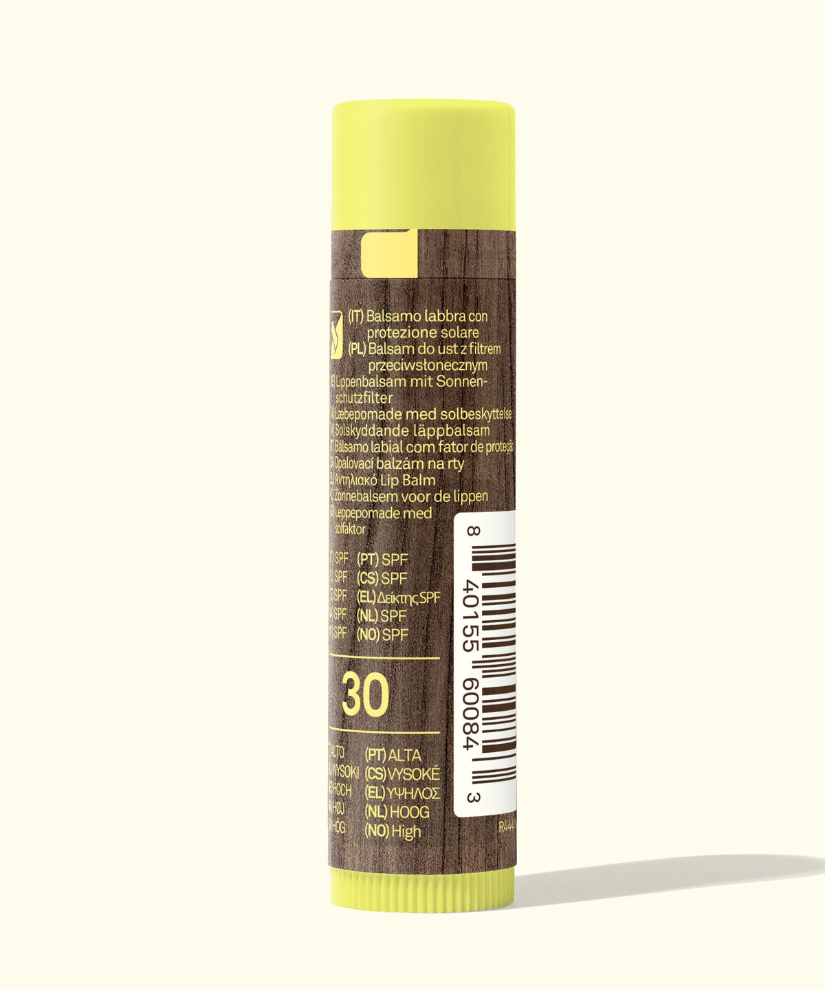 Lip balm with a brown and yellow label on a white background