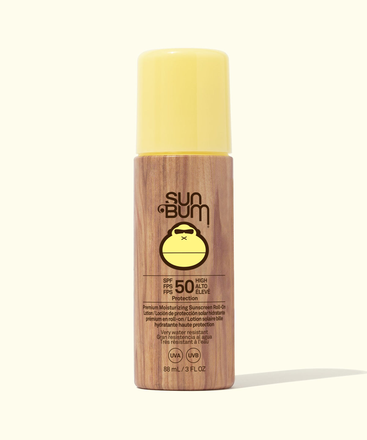 Sun Bum sunscreen bottle with yellow cap on a white background