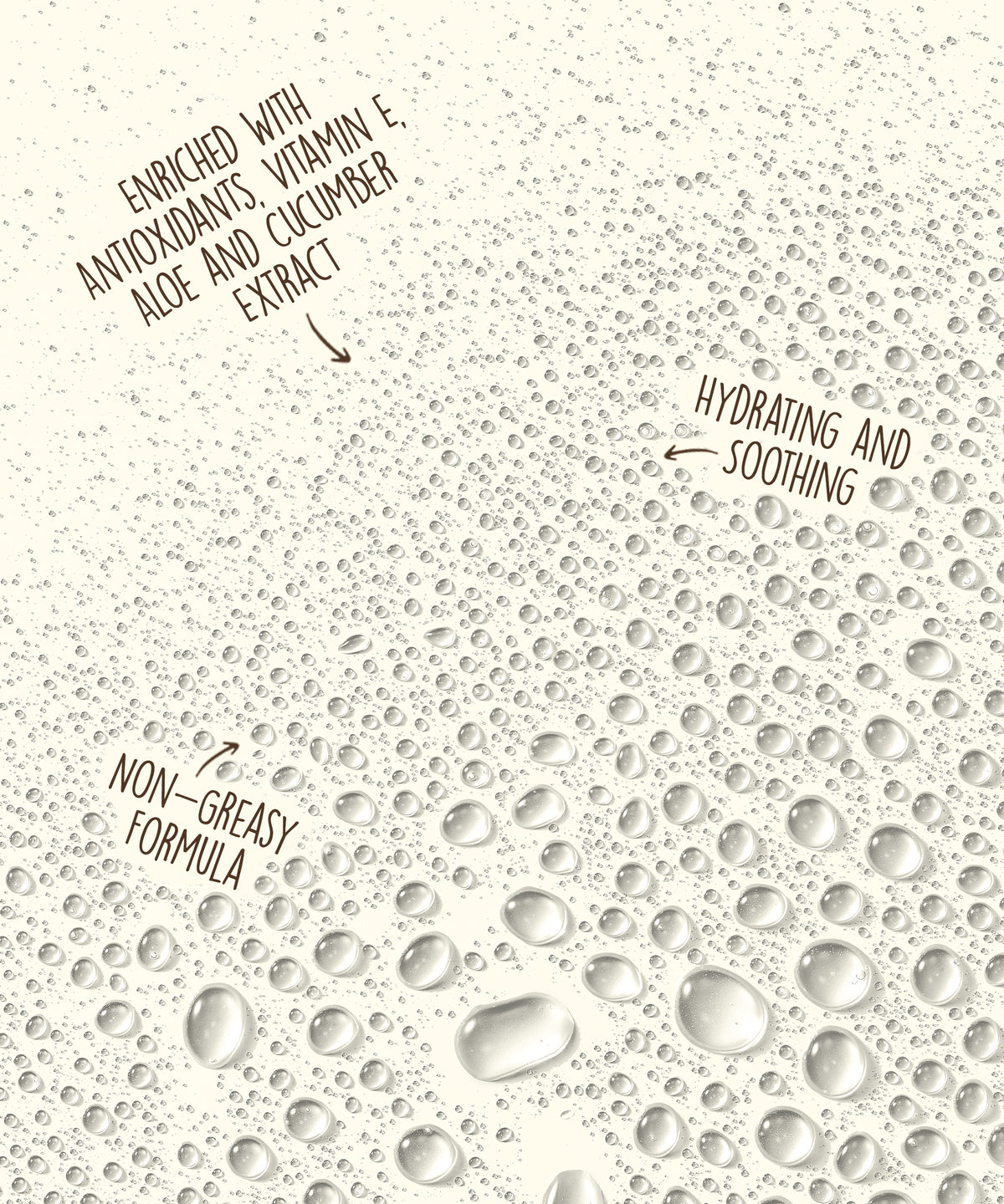 Text on a background with water droplets, describing product features.